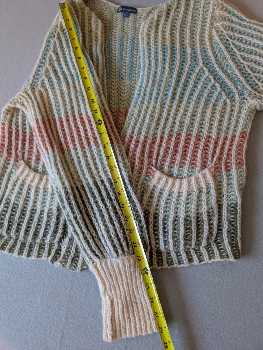 Democracy Wool Blend Open Front Ribbed Open Knit Multicolor Stripe Cardigan Sz L image 10
